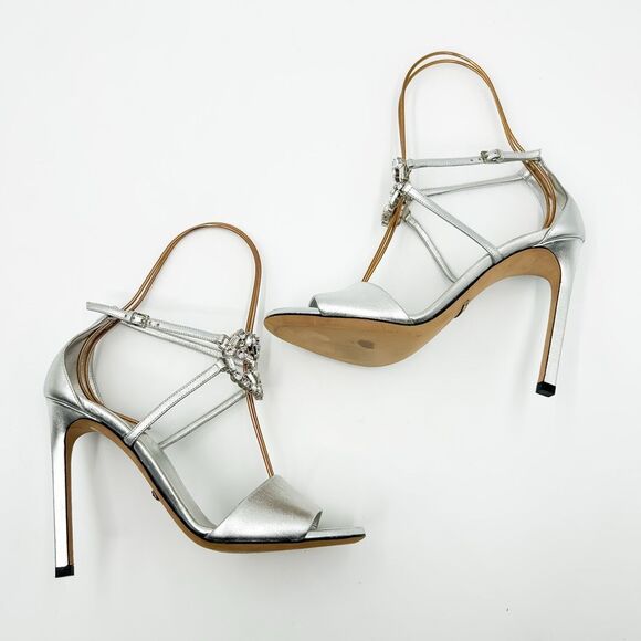 Gucci GG Crystal Metallic Silver Leather Sandals Heels EU 37 US 7 - Picture 7 of 14